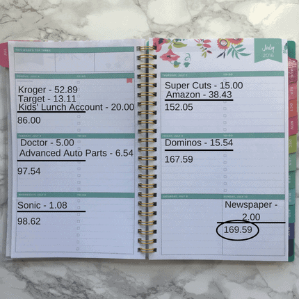 weekly planner pages with expenses written down