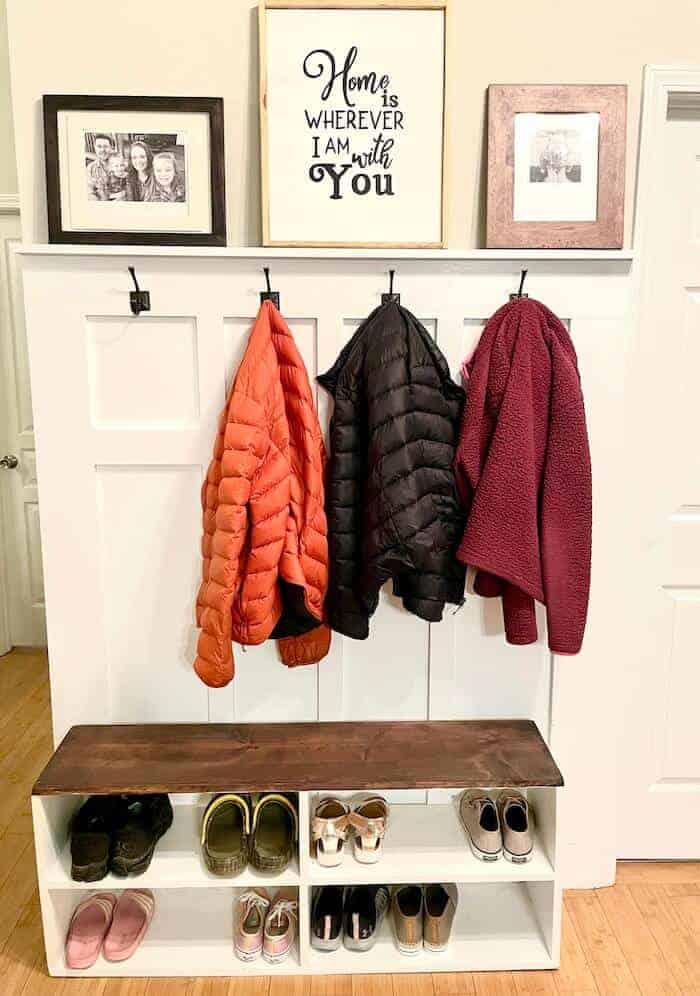 DIY mudroom with bench and coat hooks