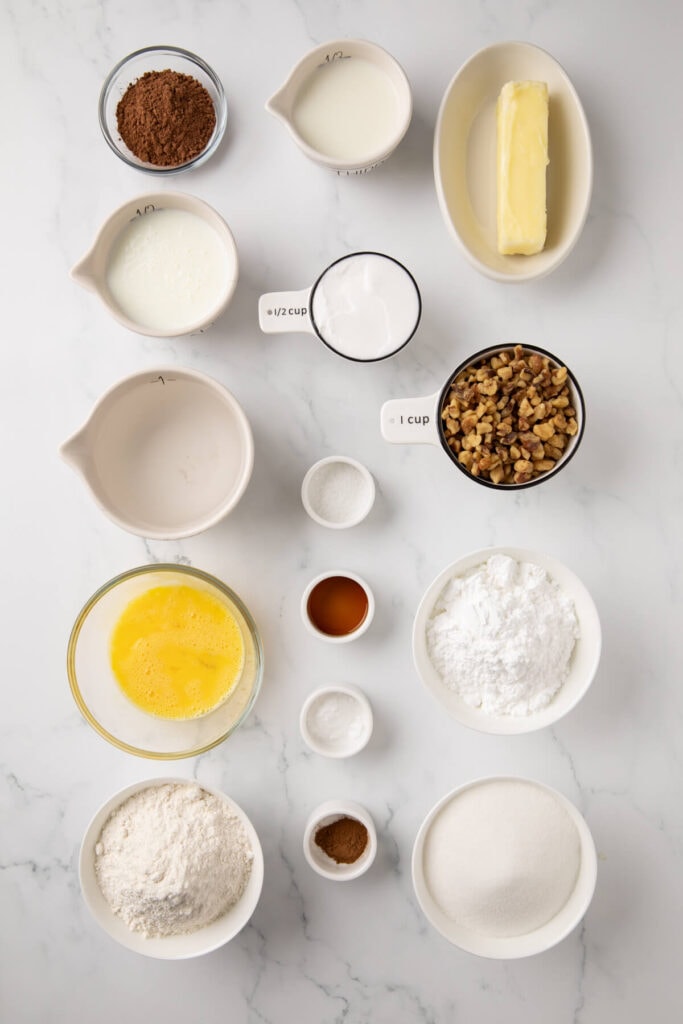 Texas sheet cake ingredients measured out in bowls