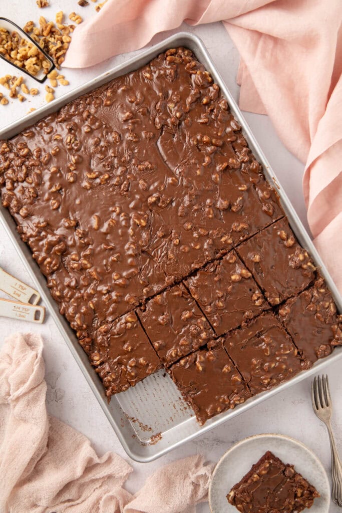 chocolate sheet cake made in a sheet pan