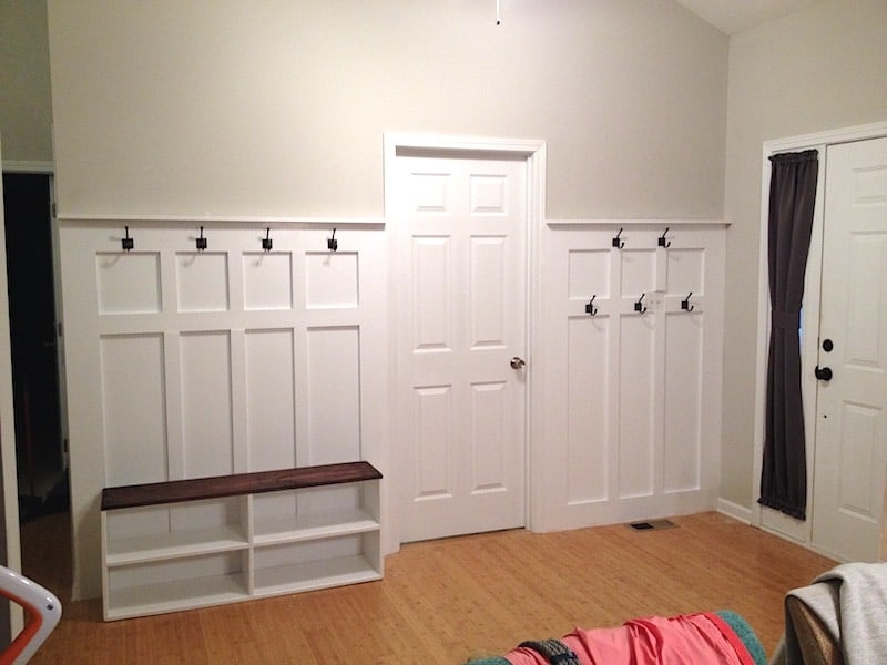 DIY mudroom wall with board and batten and hooks