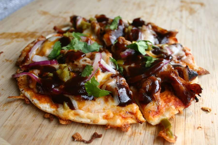 barbecue chicken pizza with a tortilla crust