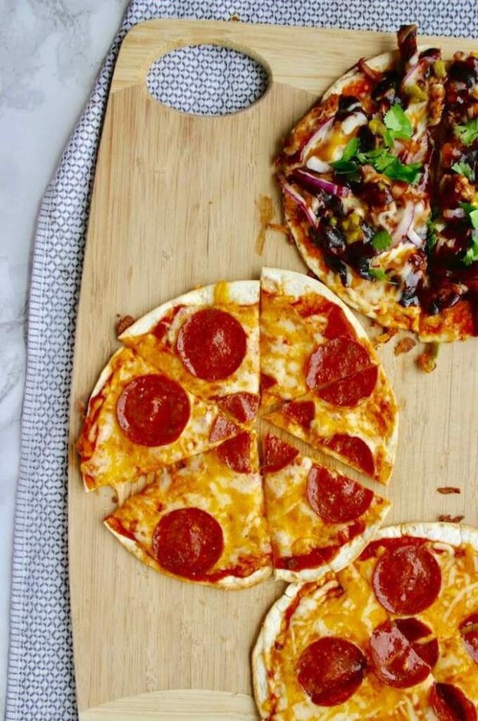 pepperoni and barbecue tortilla pizzas