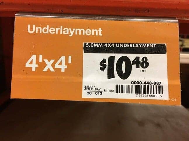 Home Depot shelf tag for underlayment board