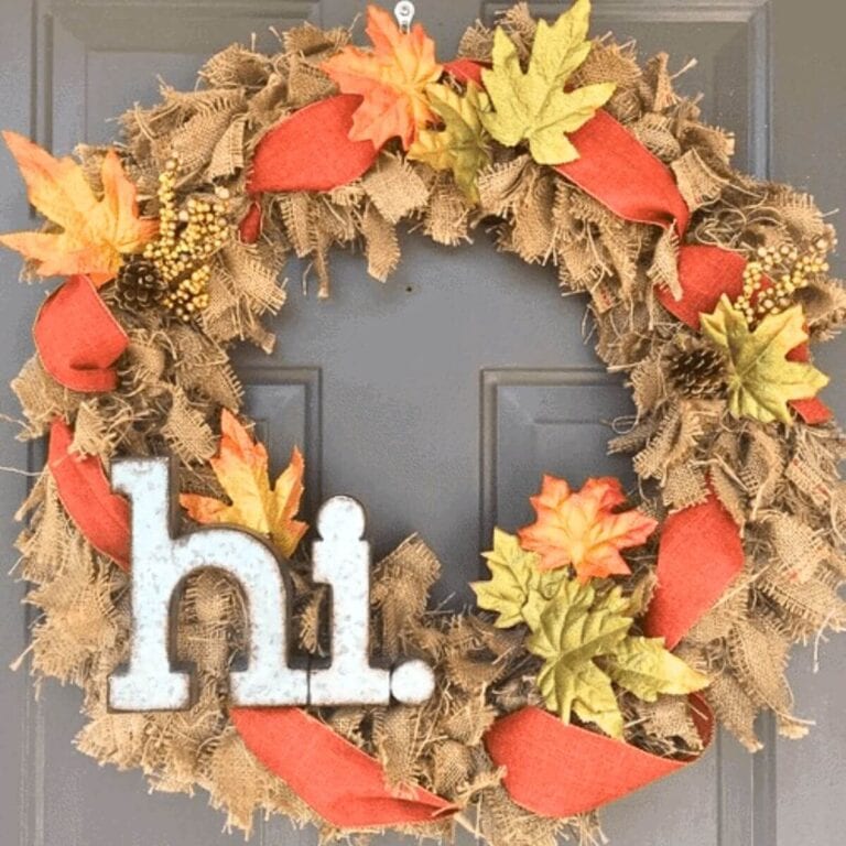 DIY burlap wreath hanging on a front door