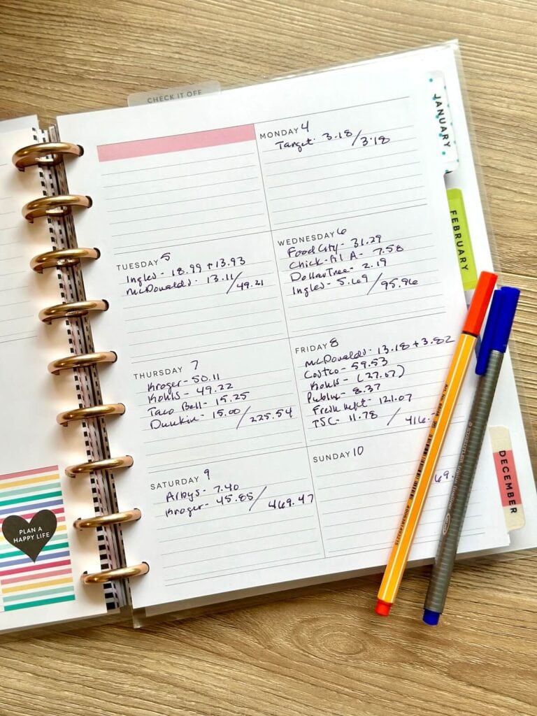 planner with income and expenses written in the daily pages