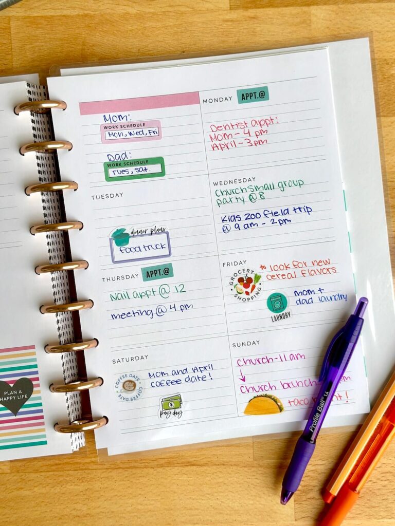weekly planner page with things written in it