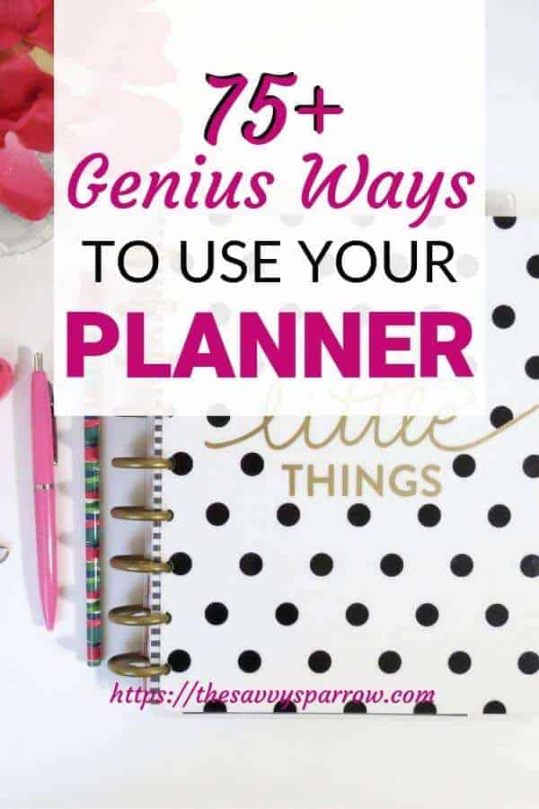 Promotional graphic with a black polka dot planner that says "75+ Genius Ways to use your Planner"