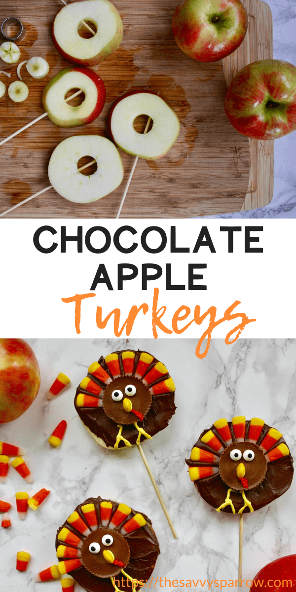 apple slices decorated with chocolate and candy to look like turkeys