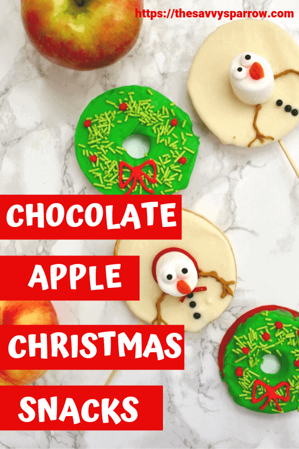 Try these yummy chocolate apple Christmas treats for kids for your kids preschool Christmas snacks or just as a healthy Christmas snack for kids!