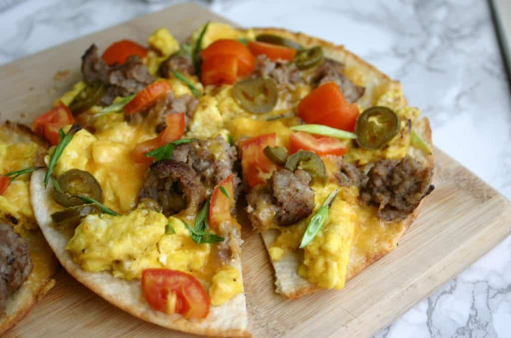 low carb breakfast pizza on a tortilla