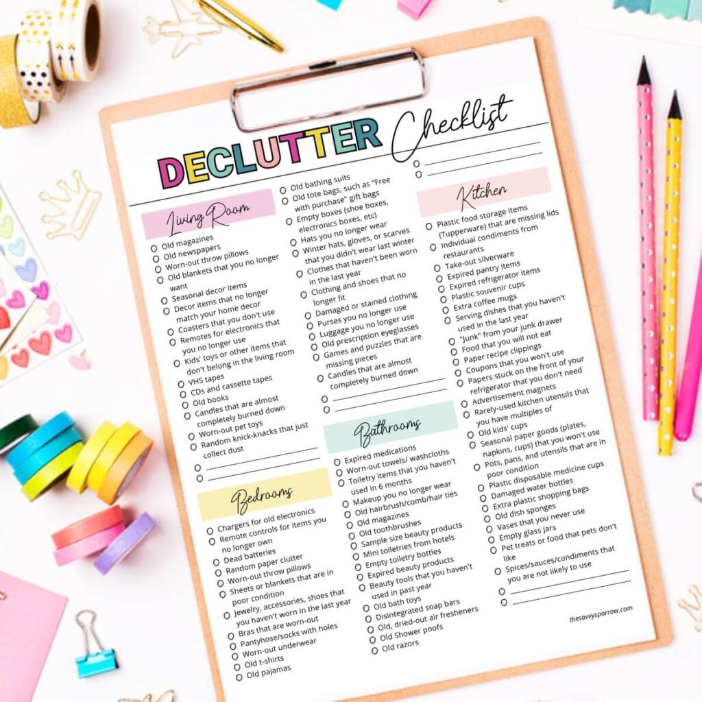 declutter checklist printable on a clipboard