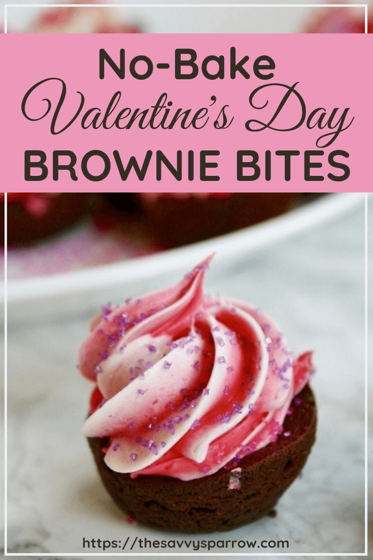 Try these easy no bake Valentines brownies for your kids Valentines Day party! These Valentines treats are super easy to make with store bought brownie bites and frosting! A great yummy and easy dessert for Valentines Day!