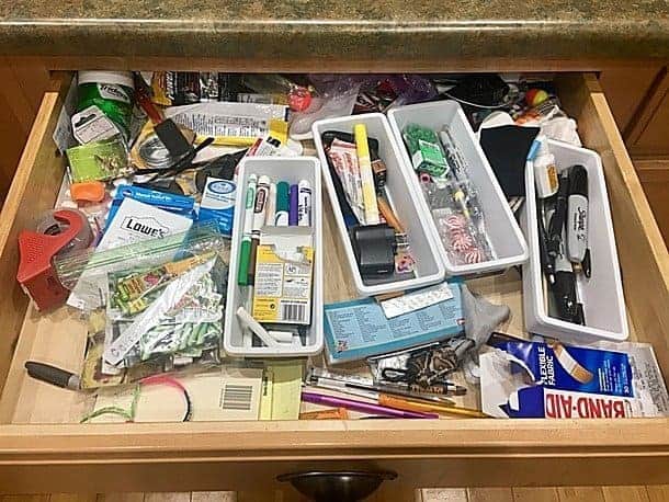 junk drawer with clutter