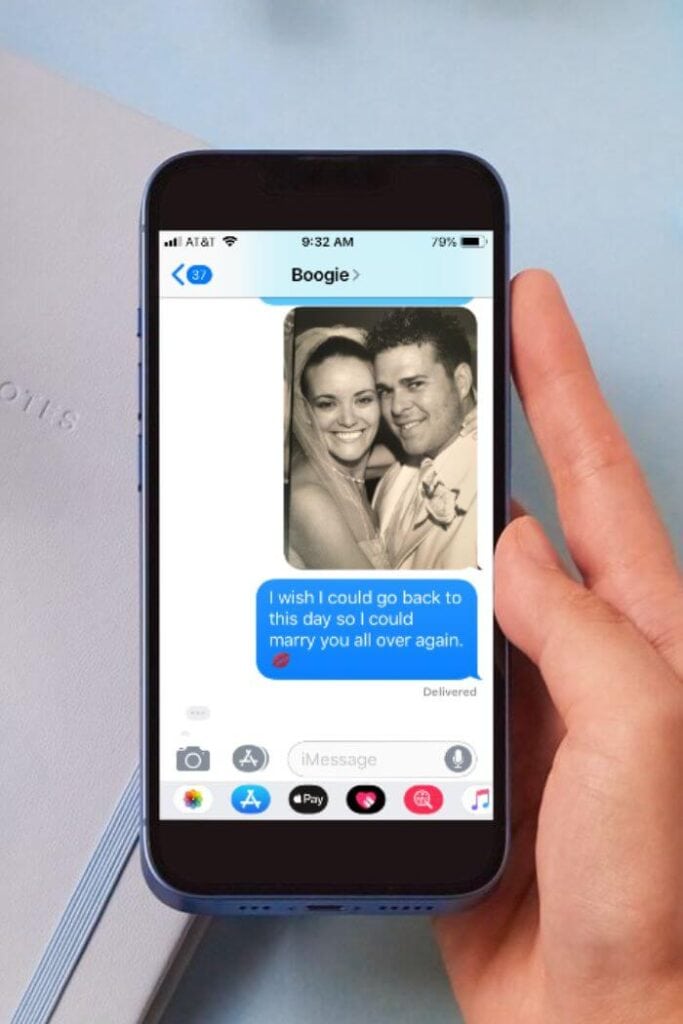 a sweet text message with a wedding photo