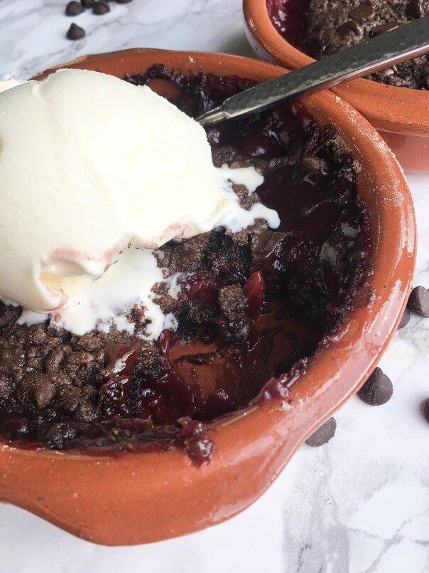 Chocolate cherry dump cake with ice cream on top!  Yummy and easy!