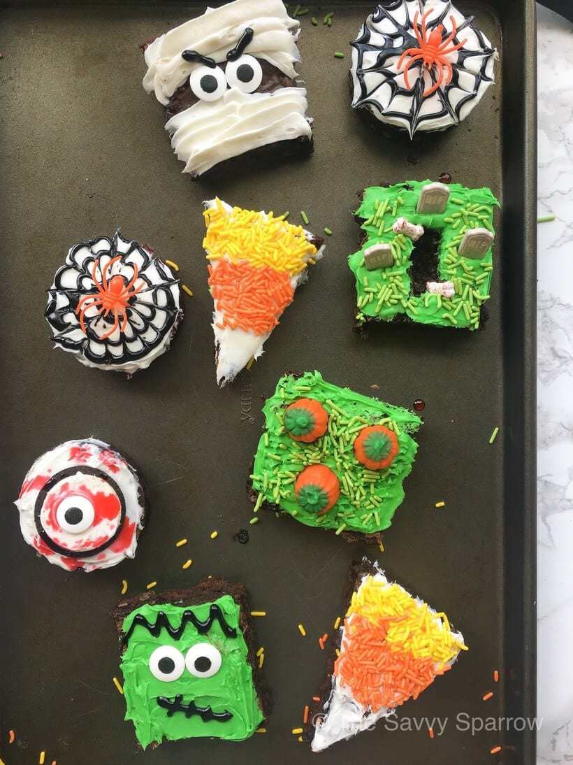 decorated Halloween brownies on a sheet pan