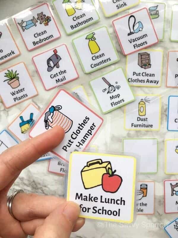 printable chore cards that say make lunch for school and put clothes in hamper