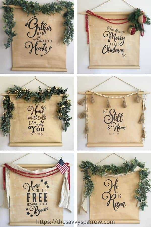 collage photo of 6 DIY signs made using kraft paper rolls