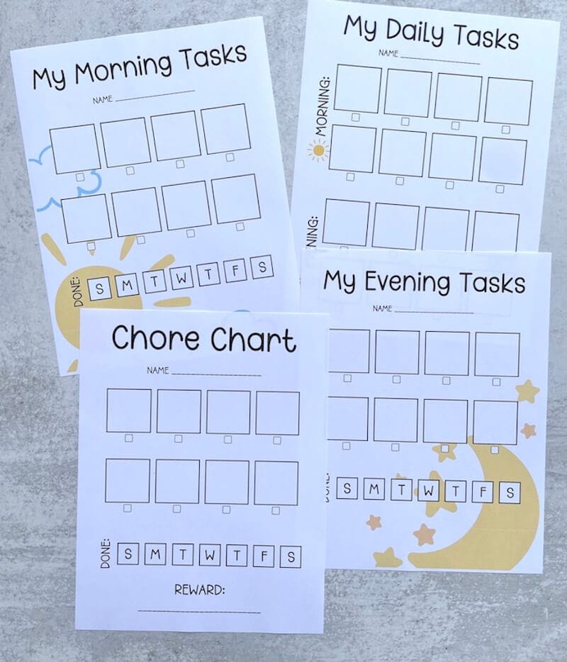 morning and evening routine charts, chore chart, and daily routine chart printables
