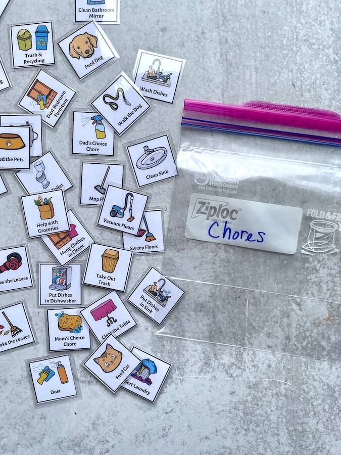picture chore cards with a ziploc bag