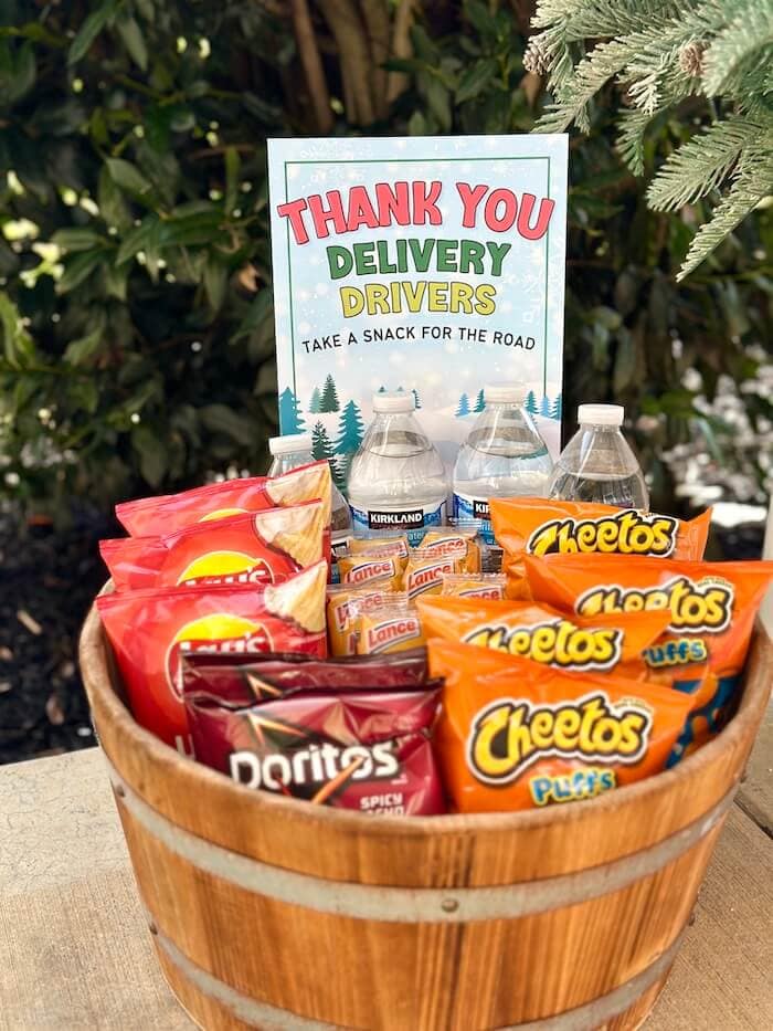 delivery driver snack basket with a sign that says thank you
