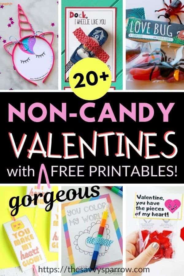 collage of non candy Valentines with free printables