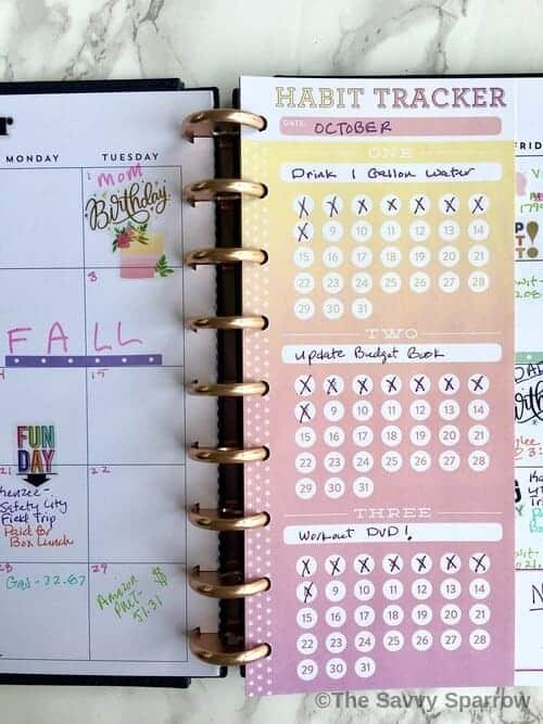 Happy Planner open on a desk with a habit tracker sheet