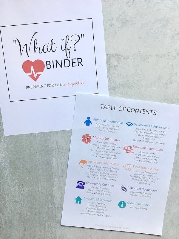 printable emergency binder cover and table of contents