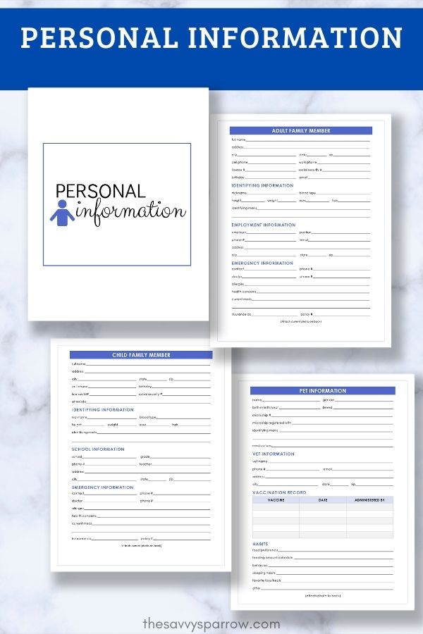 personal information worksheets for emergency binder