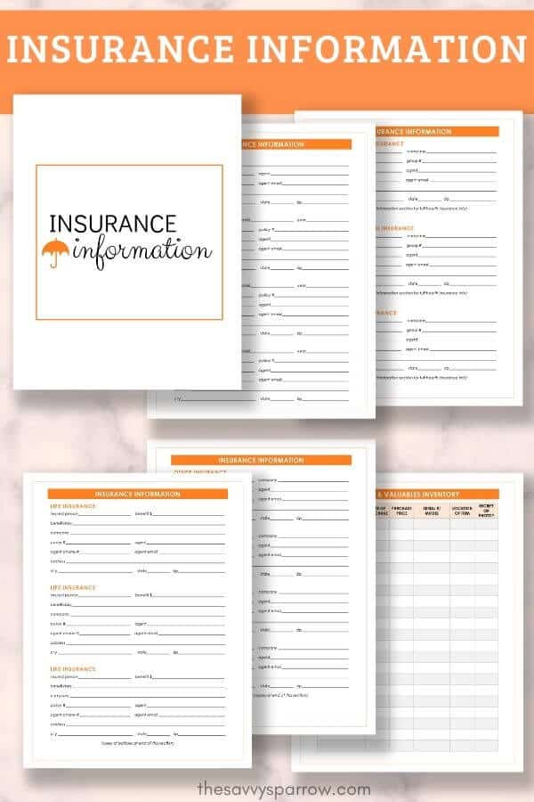 insurance information PDF worksheets for emergency binder