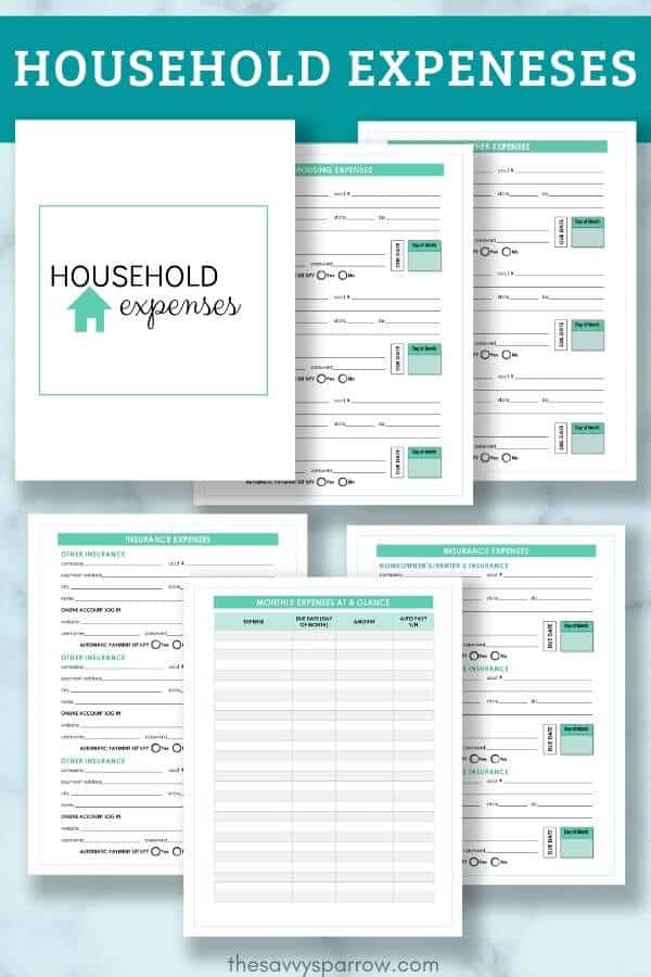 household expenses PDF worksheets for emergency binder PDF