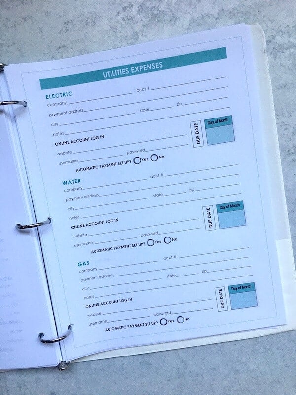 print out showing household expenses