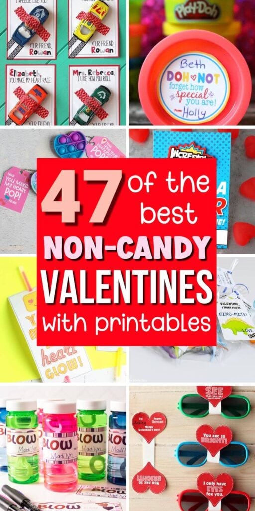 collage of non candy valentines ideas with printable cards