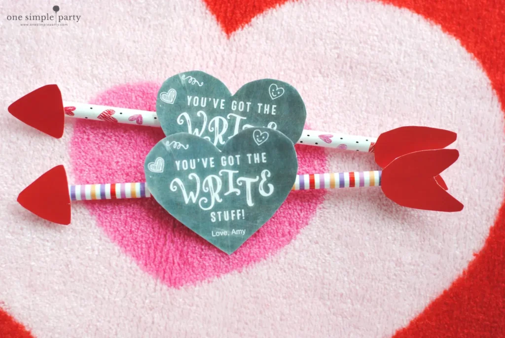 non candy Valentines with pencils and printable Valentine card