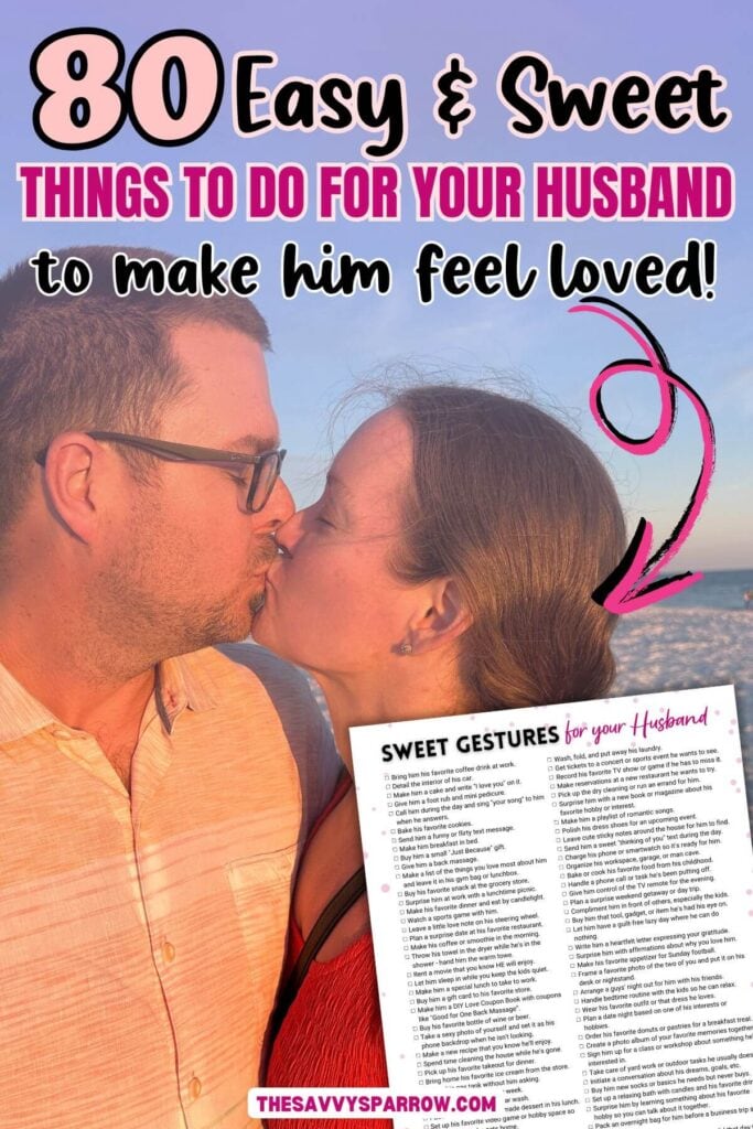 married couple kissing and a list of sweet gestures