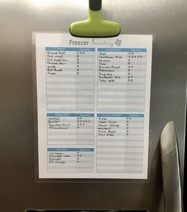 Freezer inventory sheet