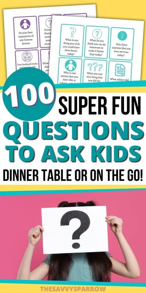 collage of printable question cards and text that says 100 fun questions to ask kids