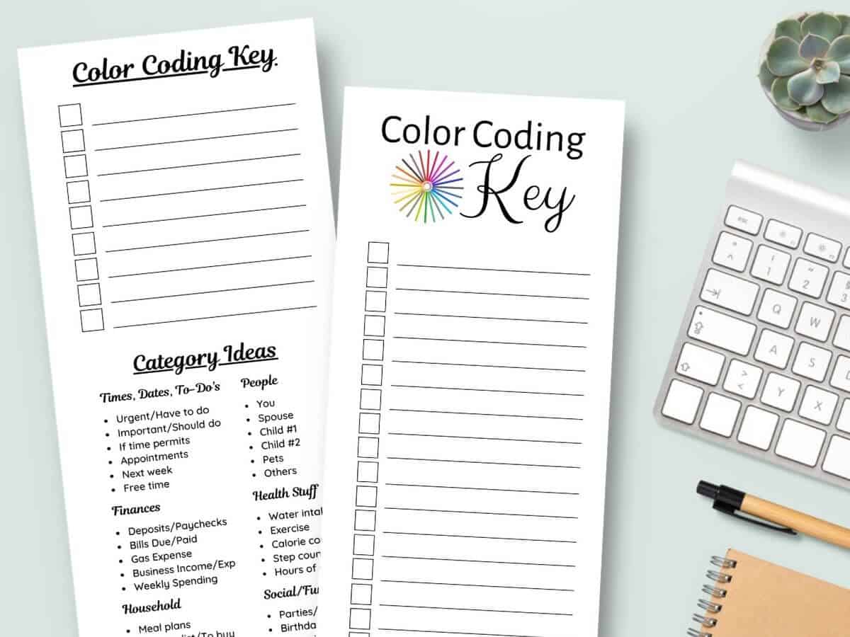 printable color coding key sheets to use for color coding a planner