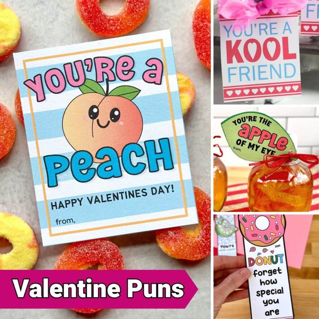 collage of valentines cards with puns for candy and food