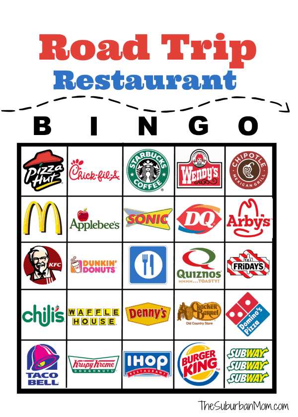 Printable road trip bingo with restaurants