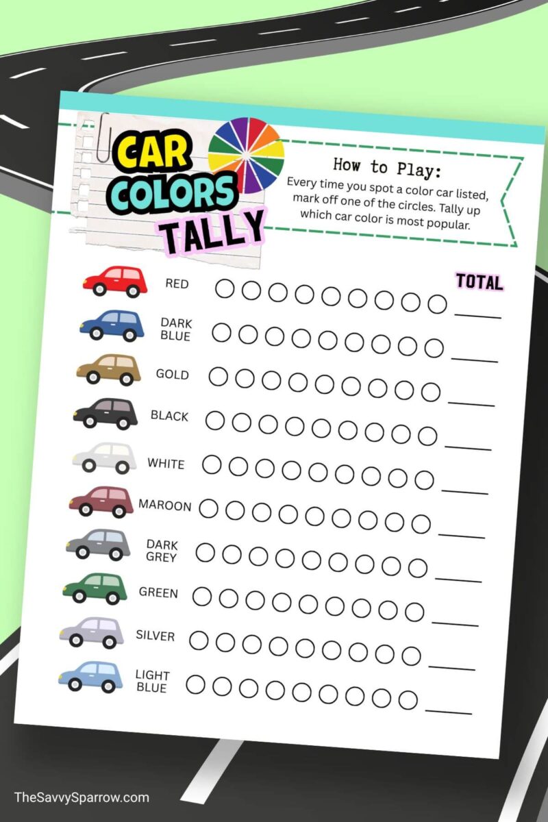 printable car colors tally activity sheet