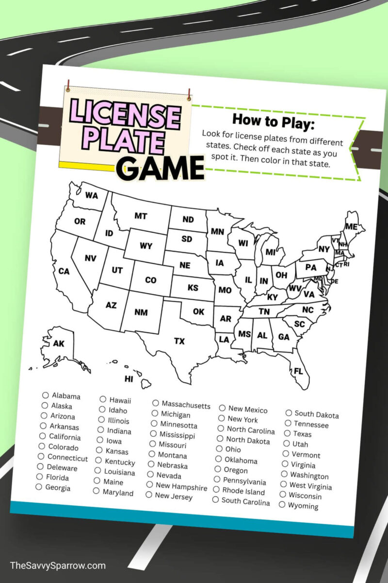 license plate game with a map of the US and all states listed underneath