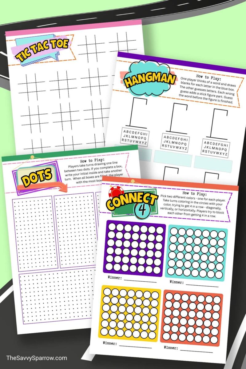 classic printable road trip games like connect 4, tic tac toe, hangman, and dots