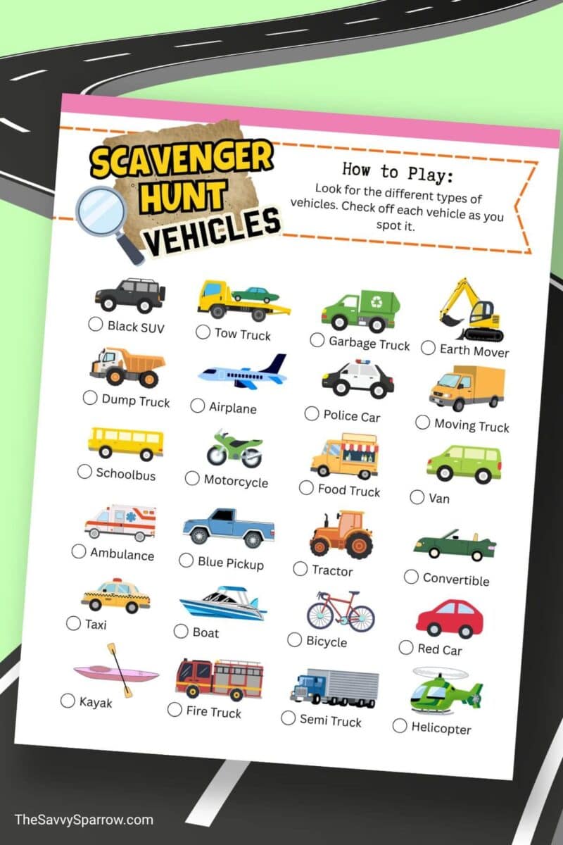 printable vehicle scavenger hunt activity sheet with pictures of different vehicles