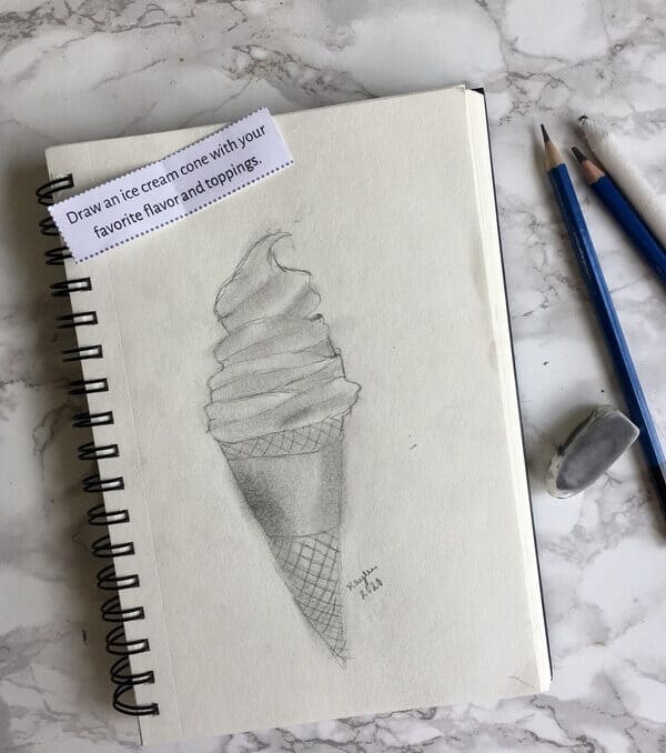 sketch of an ice cream cone with a drawing prompt