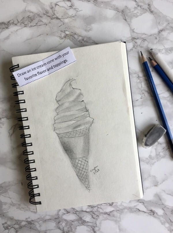 sketch of an ice cream cone with a drawing prompt