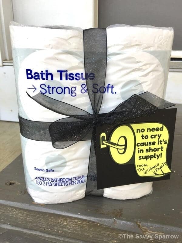 Toilet paper gift with 4 rolls of TP and gift tag