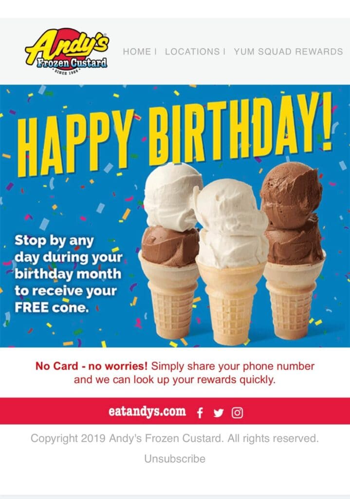 Happy Birthday email from Andy's frozen custard