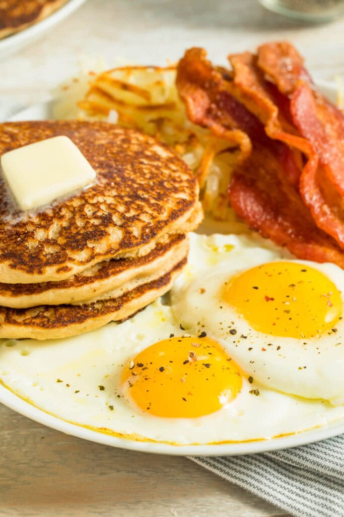 pancakes, bacon, and eggs